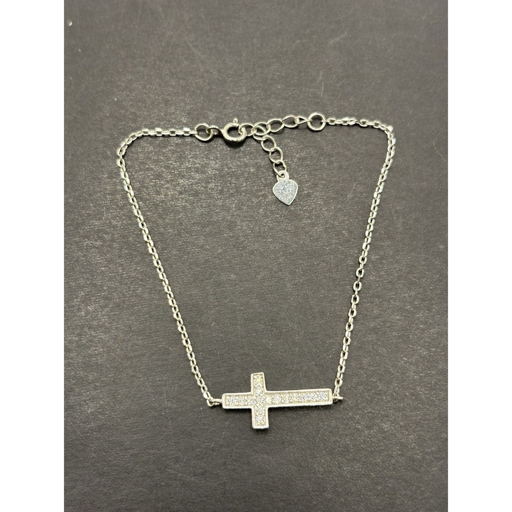 7" Sterling Silver Cubic Zirconia Cross Bracelet 925 EUC H20